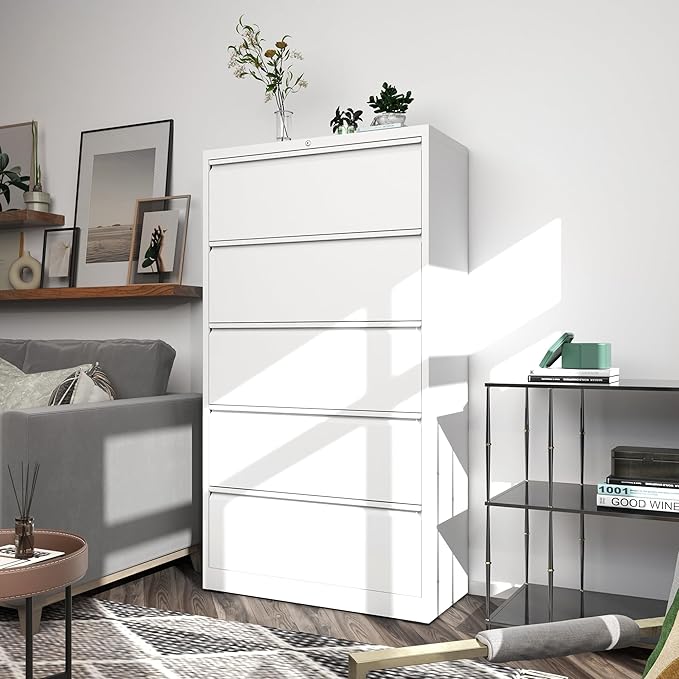 File Cabinets 5 Drawer,Metal Office Storage Filing Cabinet with Lock,White Lateral Filing Cabinet for Home Office,Horizontal Locking File Cabinets for Legal/Letter/A4,Assembly Require,White