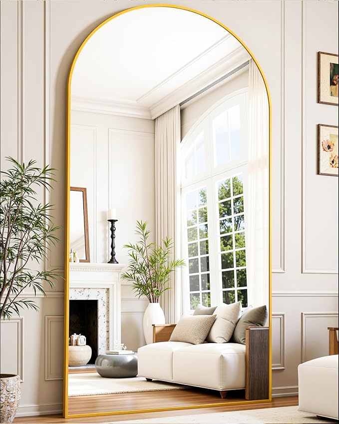 Full-Length Floor Mirror with Stand, 78"x38" Arched Style Full Body Standing Mirror for Bedroom, Living Room, Gym, Dorm - Shatter-Resistant & Easy Assembly, Gold