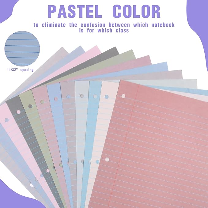 PerKoop 12 Pack 600 Sheets Colored Lined Paper Bulk Wide Ruled 8 x 10.5 Inches, Pastel Loose Leaf Notebook Paper 3 Hole Punched Filler for Back School Classroom Supplies(Elegant Color)
