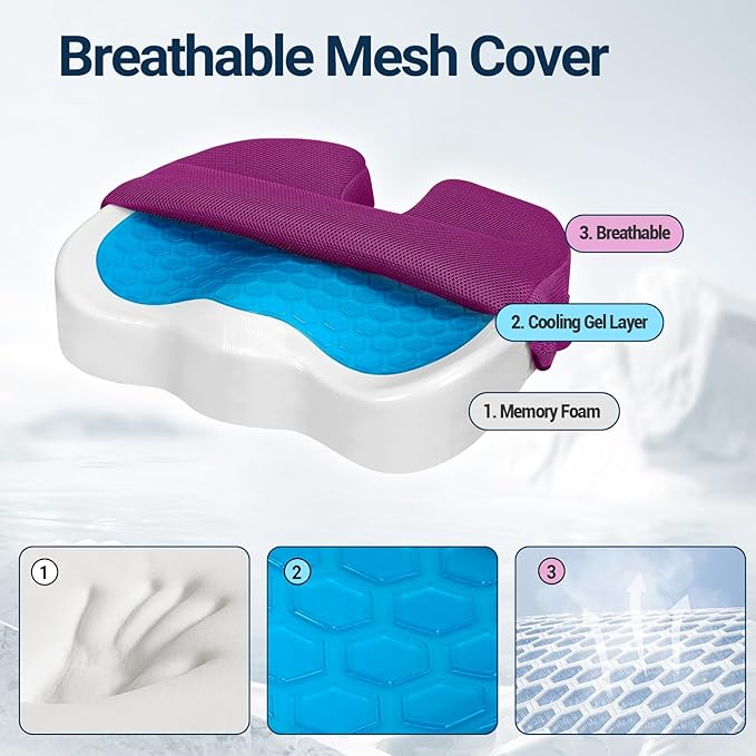 Gel Seat Cushion for Car Office - Memory Foam Pain Relief Chair Pillow Cushions - Tailbone Sciatica Coccyx Butt Lumbar Support Pad for Sitting Driving Traveling, Mesh, Purple