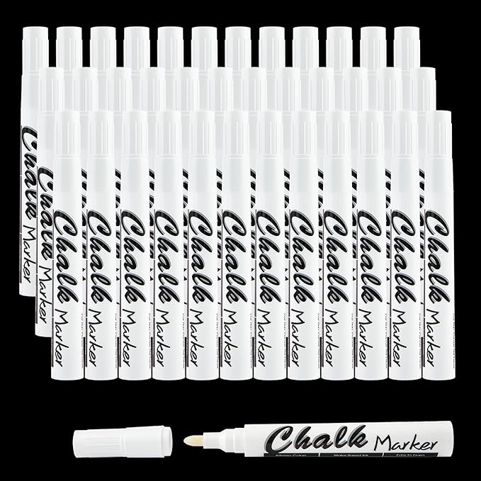Volcanics White Liquid Chalk Markers 36 Pack Chalk Pens for Blackboard, Chalkboard, Windows, Glass, LED Board, Bistro Signs – Erasable Water-Based Ink Ideal for Teachers, Artists & DIY Projects