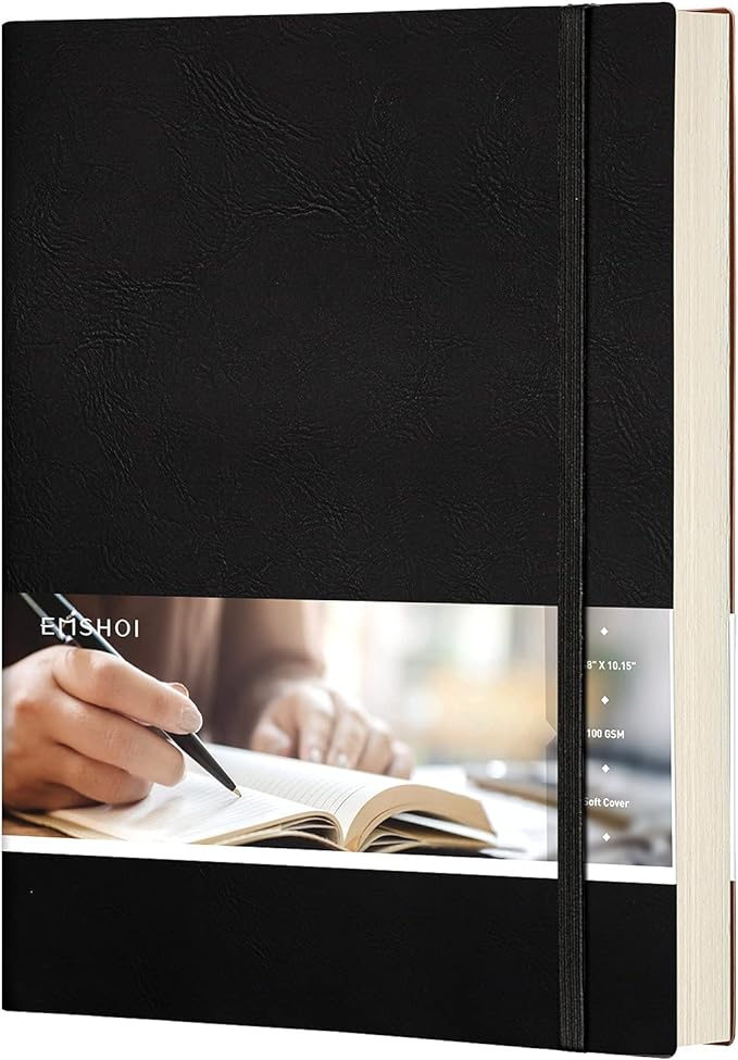 EMSHOI Composition Notebooks College Ruled - Soft Cover Leather Thick Journal, B5 Large Notebook, with Free Sticky Notes, 204 Numbered Pages,100gsm Lined Paper, for Writers Students, 7.5"x10"- Black