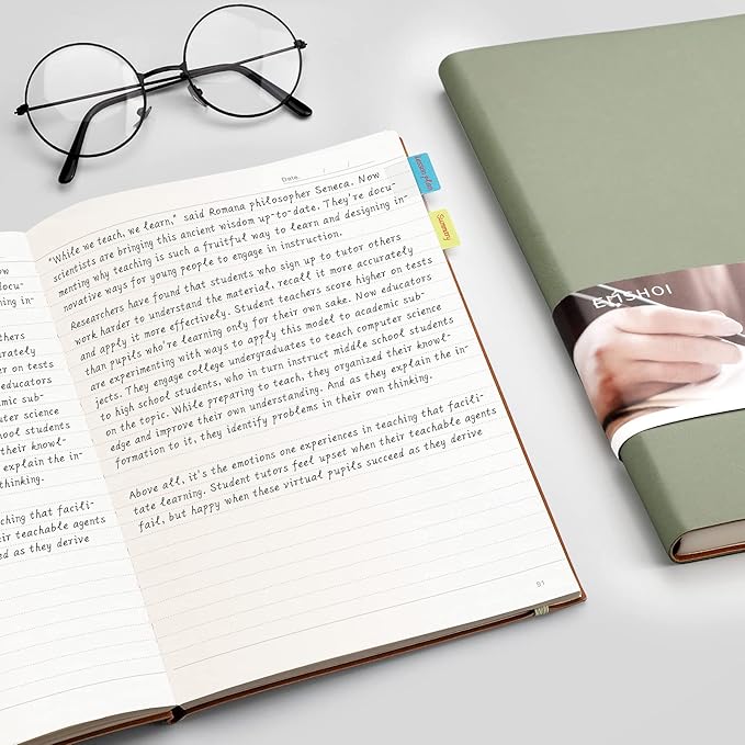 EMSHOI College Ruled Composition Notebook - Large B5 Notebook Lined Journal Leather with Free Sticky Notes, 204 Numbered Pages,100gsm Thick Lined Paper, Softcover, 7.5"x10"-Green