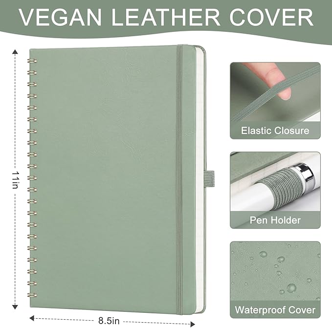 AHGXG Lined Spiral Journal Notebook for Women Men, 8.5" x 11", A4 Large, College Ruled, Hardcover Leather, 100 GSM Paper, Notebooks for Work School Note Taking Writing, Sage Green