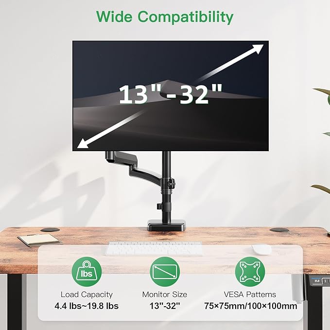 MOUNT PRO Single Long Monitor Arm, 13 to 32 inch Computer Monitor Desk Mount, Extra Long Adjustable Screen Stand, Tall Display Mount with Tilt, Swivel, Rotation, Hold up to 19.8lbs, VESA 75/100mm