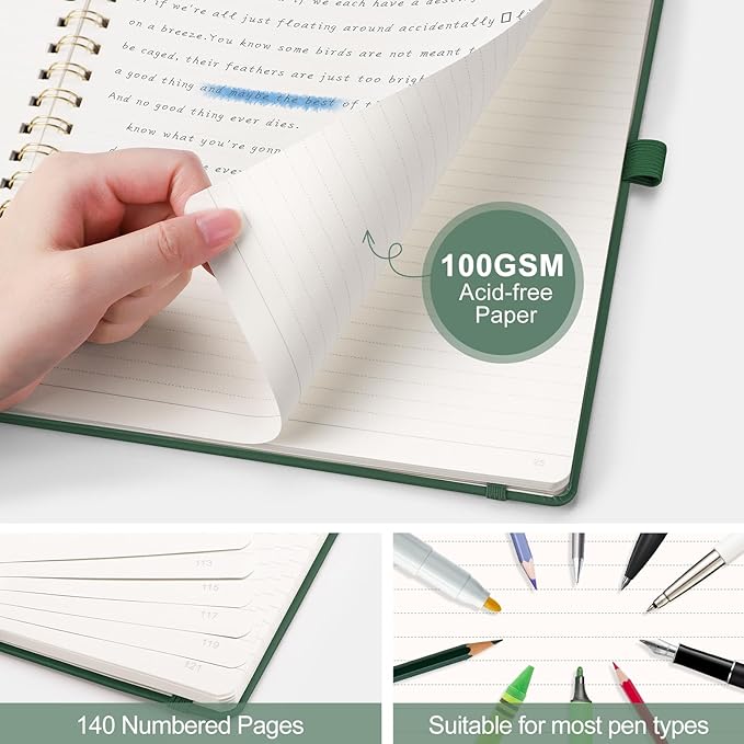 AHGXG Lined Spiral Journal Notebook, B5 Large Notebooks for Women Men, 140 Pages Hardcover Leather Notebook College Ruled, 100 GSM Paper, Notebooks for Work School Note Taking, 7.6" x 10", Green