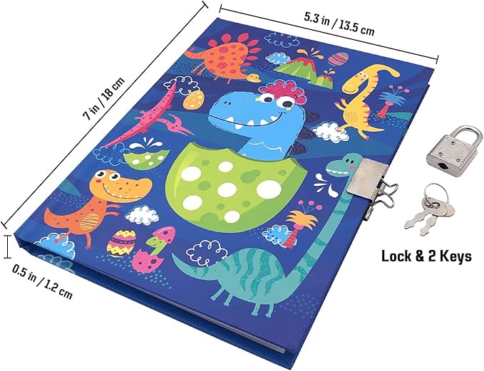 Boys Diary with Lock for Kids, 7x5.25 Inches 160 Lined Pages Secret Blue Dinosaur Notebook for Kids Journal with Lock for Boys Pre School Writing Drawing Cute Kids Gifts for Birthday