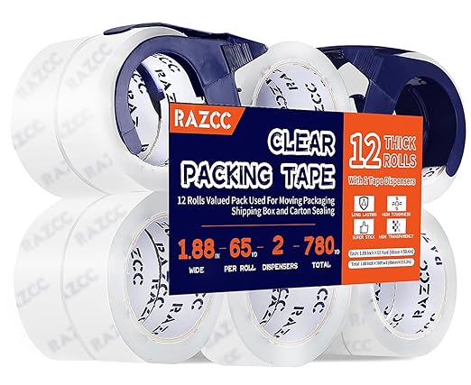 Packing Tape, 12 Rolls Clear Heavy Duty Packaging Tape with Dispensers for Packing, Shipping, Moving and Mailing, Thicker Sealing Tape-1.88" x 65 Yards Per Roll, 780 Total Yards
