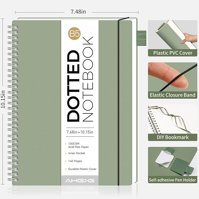 AHGXG Bullet Dotted Journal - Dot Grid Spiral Notebook B5, 140 Pages, 100 GSM Thick Paper, Waterproof Plastic Cover Journals for Bullet Journaling, Sketching, 7.6" x 10", Sage Green