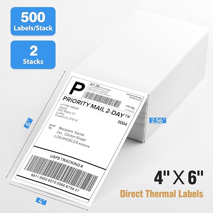 Fanfold 4" x 6" Direct Thermal Labels 1000 Thermal Printer Paper 2 Stacks Shipping Labels