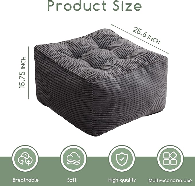 HIGOGOGO Square Stuffed Pouf Ottoman, Corduroy Poufs with Foam Chunk Filling, Furry and Fluffy Pouf Foot Stool Storage Ottoman, 25.6 X 25.6 Floor Poufs Foot Rest for Living Room, Dark Grey