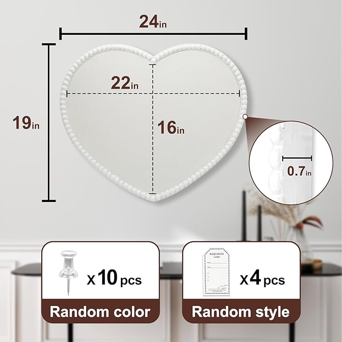 Large Heart Cork Bulletin Board with Linen, 24x19 Inch White Wood Frame Cute Picture Pin Board, Decorative Vision Board for Home Office, Study, Bedroom and Dormitory