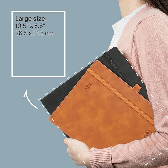 POPRUN Weekly Planner 2026 (Large 8.5" x 10.5") Calendar 12 Months Notebook with Horizontal Layout, Leather Soft Cover, Monthly Tabs, Inner Pocket, 100GSM Thick Paper, Pen Holder - Royal Blue