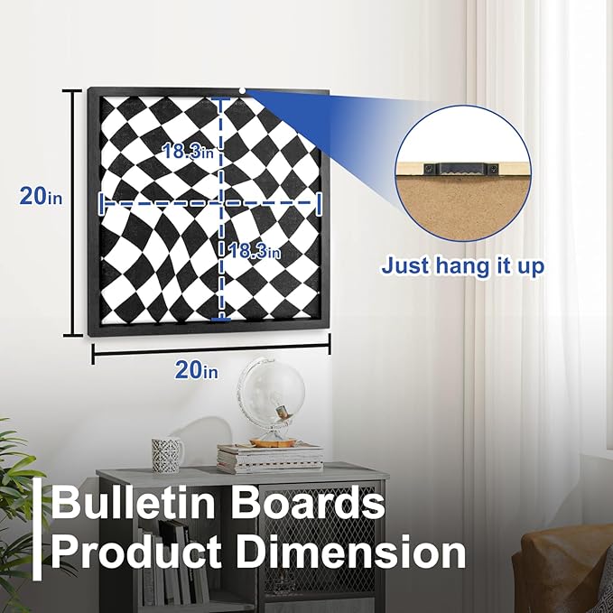 Cork Bulletin Board with Decorative Black and White Linen – 20x20 Inch Square Pin Board for Walls, Girls Vision Board for Organizing Notes, Photos & Reminders, Perfect for Office & Home