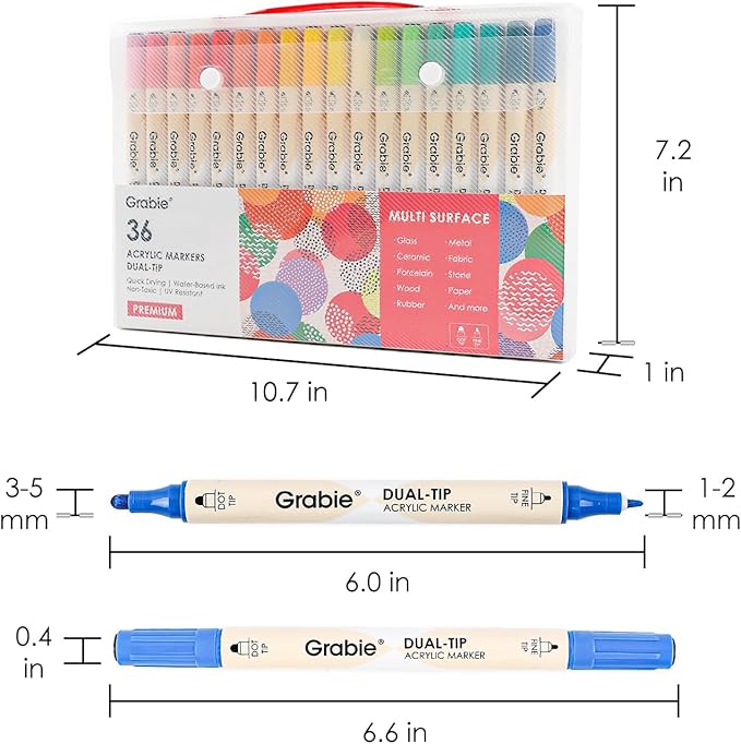 Grabie 36 Dual Tip Acrylic Paint Markers, Acrylic Paint Pens, Fabric Markers for Fabric, Canvas, Rock, Glass, Wood, Paper, DIY, Canvas DIY Art Supplies Kit