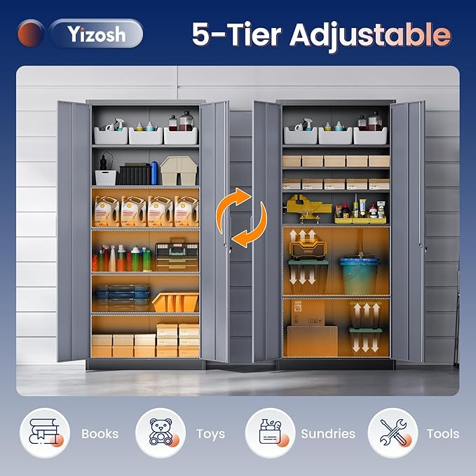 Yizosh Metal Garage Storage Cabinet with 2 Doors and 5 Adjustable Shelves - 71" Steel Lockable File Cabinet,Locking Tool Cabinets for Office,Home,Garage,Gym,School (Gray Black)