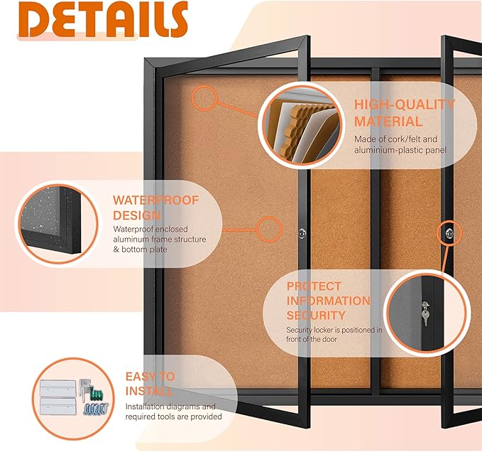 Enclosed Bulletin Board Outdoor Noticeboard with Locking Door, Weather-Resistant, Cork, Black Aluminum Frame, 48 x 34 in
