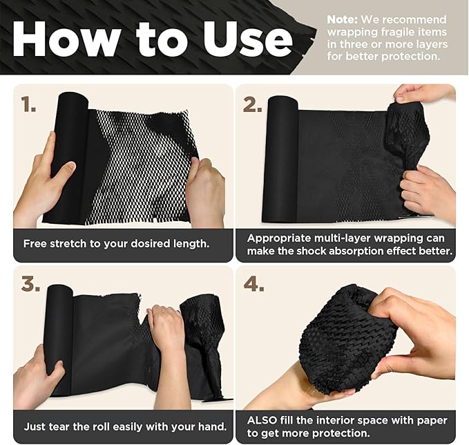 Honeycomb Packing Paper, 12"x50' Black | Perforated Honeycomb Packing Paper Recyclable Moving Supplies for Shipping & Moving | Plastic-Free Alternative to Bubble Cushion Wrap with 36 Fragile Stickers