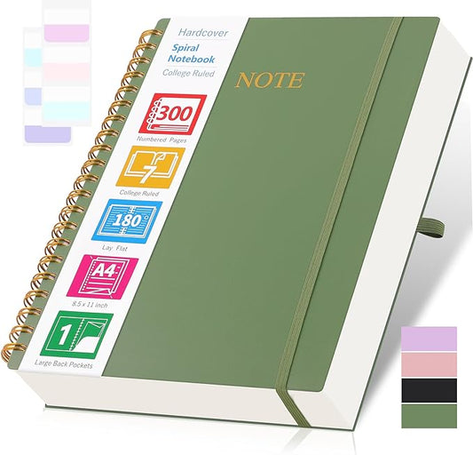 Spiral Notebook, 8.5” x 11” Notebooks for Work, 300 Numbered Pages College Ruled Notebook, Large Notebook for School with 24 Tabs, A4 Notebook Journal for Women Men, Thick Paper, Back Pocket, Green