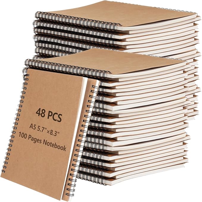 Lnrueg 48 Pcs A5 Spiral Notebooks - Brown Kraft Paper Cover Notebooks, Hardcover Lined Notebooks, Sturdy Travel Journals with Smooth 70GSM Paper for School, Office, Travel, 100 Pages