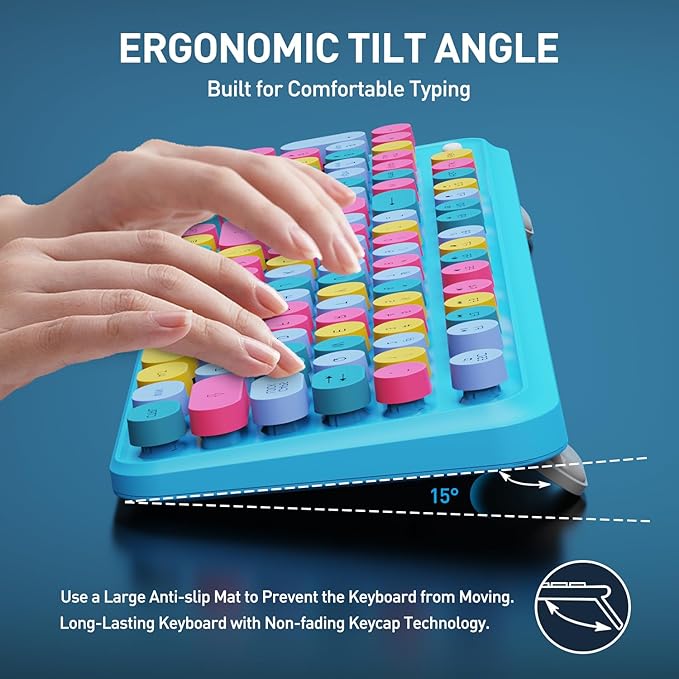 FOPETT 2.4GHz Wireless Keyboard and Mouse Set with Switch Button - Full-Size Keyboard - Compatible for Windows/Laptop/PC/Notebook/Smart TV and More - Blue Colorful