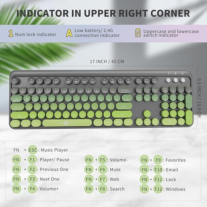 FOPETT Wireless Keyboard and Mouse Combo, 104 Keys Full-Sized 2.4 GHz Round Keycap Colorful Keyboards, USB Receiver Plug and Play, for Windows, Mac, PC, Laptop, Desktop (GreyGreen)