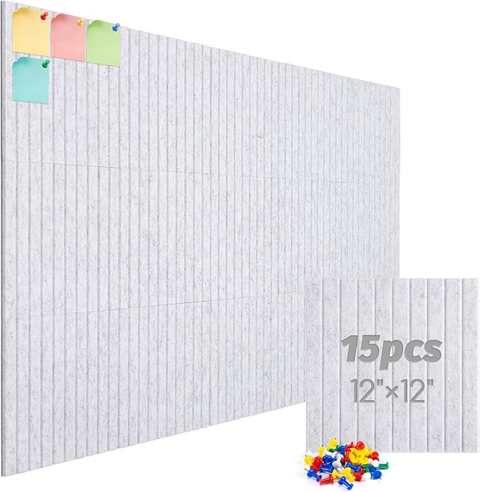 Large Cork Board Alternative, 15 Pack Felt Board with Safe Removable Adhesive Tabs Felt Wall Tiles, Large Cork Boards for Walls, Cork Board for Home Office, Pin Boards for Walls, Stripe Marble White