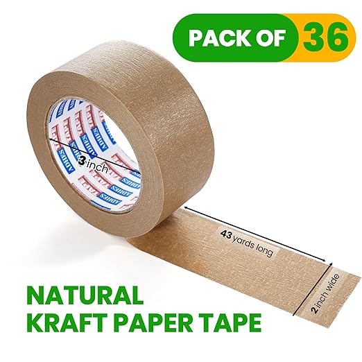 ADHES Heavy Duty Kraft Paper Tape Eco Friendly Packing Tape Writable Non-Coated Surface for Masking, Sealing, and Packaging Use,2” x 43 Yards,36Rolls