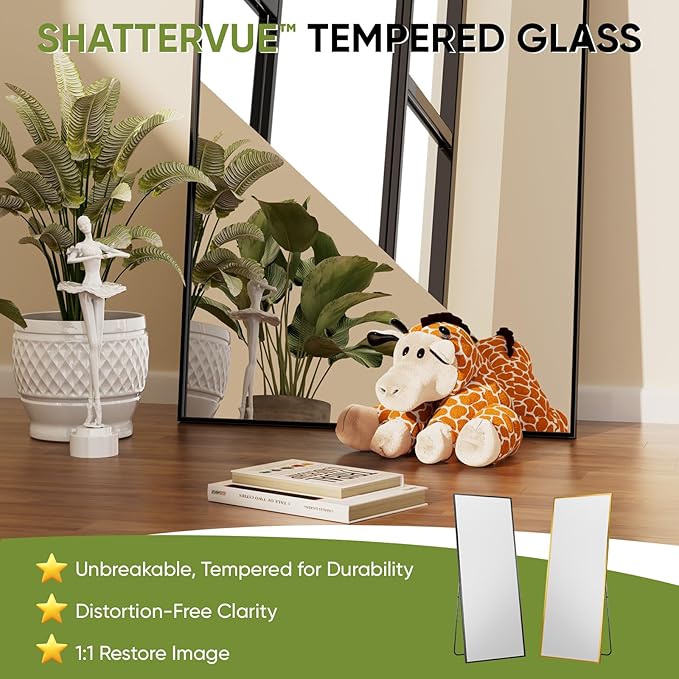 Full-Length Floor Mirror with Stand, 58"x21" Rectangle Style Full Body Standing Mirror for Bedroom, Living Room, Gym, Dorm - Shatter-Resistant & Easy Assembly, Black