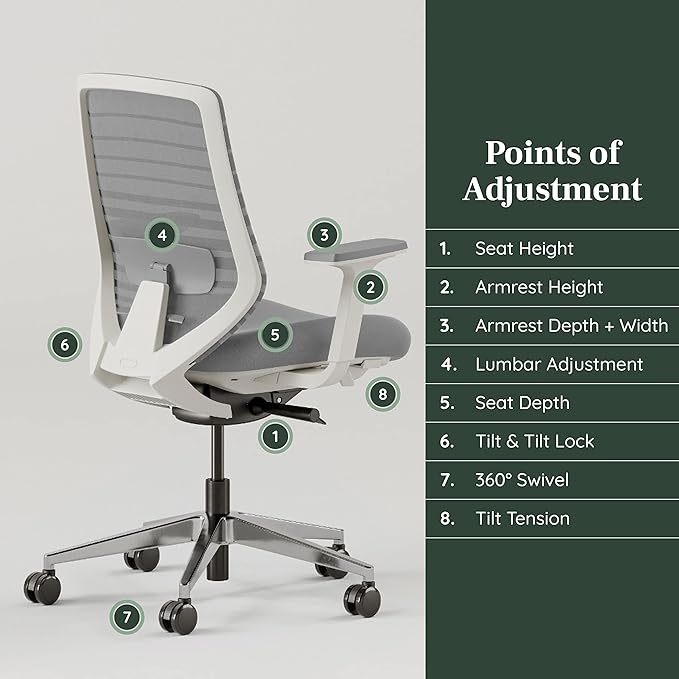 Branch Ergonomic Chair - A Versatile Desk Chair with Adjustable Lumbar Support, Breathable Mesh Backrest, and Smooth Wheels - Experience Optimal Comfort and Support - Pebble - White