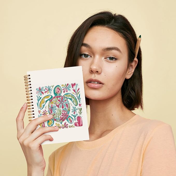 JXREQ Cute Floral Sea Turtle Notebook Ocean Beach Journal Gifts for Women Note Taking Bible Notes Writing, Gifts for Turtles Lovers, Pretty Spiral Notebooks 5.5x8.3