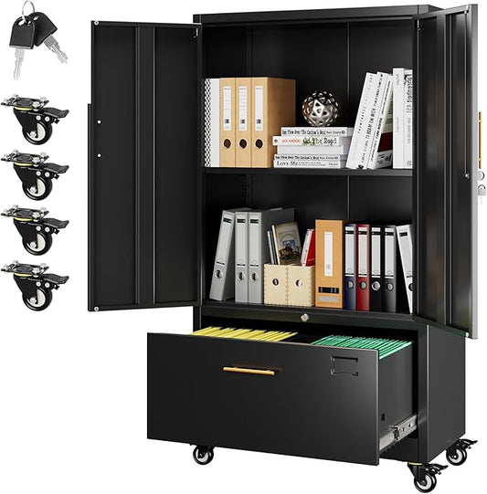 Aobabo Metal 1 Drawer Office File Cabinet with Lock and 2 Doors, Office Steel Files Cabinet with Wheels, Legal/Letter A4 Size, Assembly Required, Black