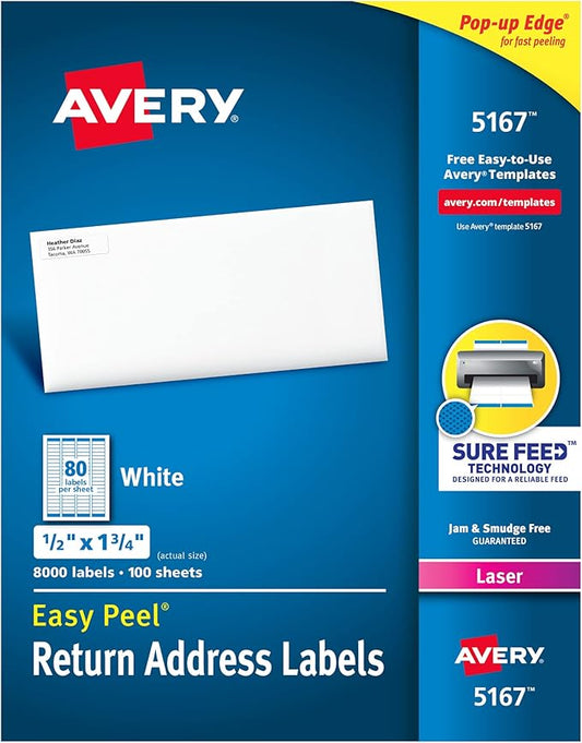 Avery Printable Return Address Labels with Sure Feed, 0.5" x 1.75", White, 8,000 Blank Mailing Labels (05167)