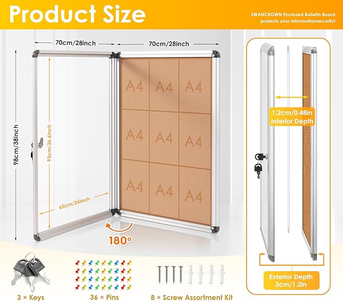 SWANCROWN Enclose Bulletin Board Tamper-Proof Dispaly Case School Office Cork Noticeboards for Information Photo, 38x28inch (9xA4)