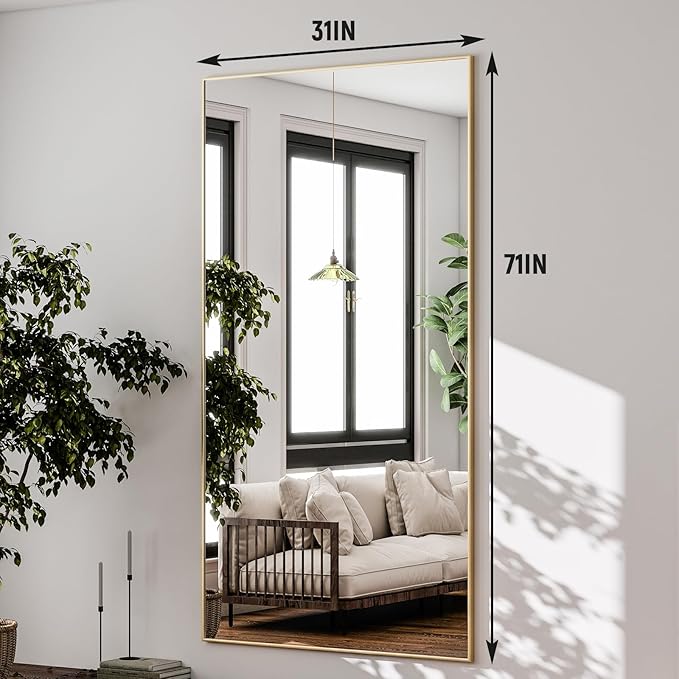 GLSLAND 71"x31" Full Length Mirror Extra Large Hanging or Leaning Rectangle Mirror Aluminum Alloy Thin Frame Bedroom Floor Dressing,Gold