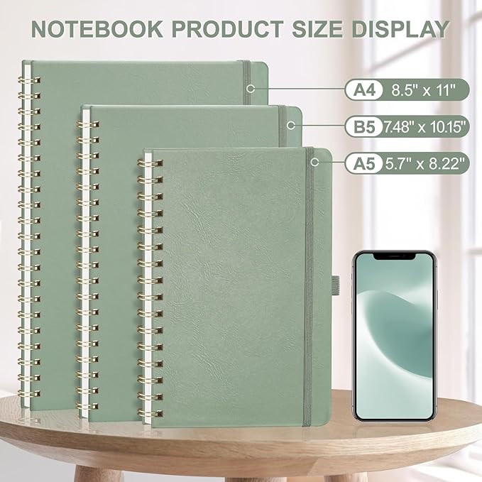 AHGXG Lined Spiral Journal Small Notebook for Women, Notebook College Ruled A5 5.7" X 8.3", 140 Numbered Pages, Hardcover Leather, Meeting Notebook for Work, School Office Supplies, Sage Green