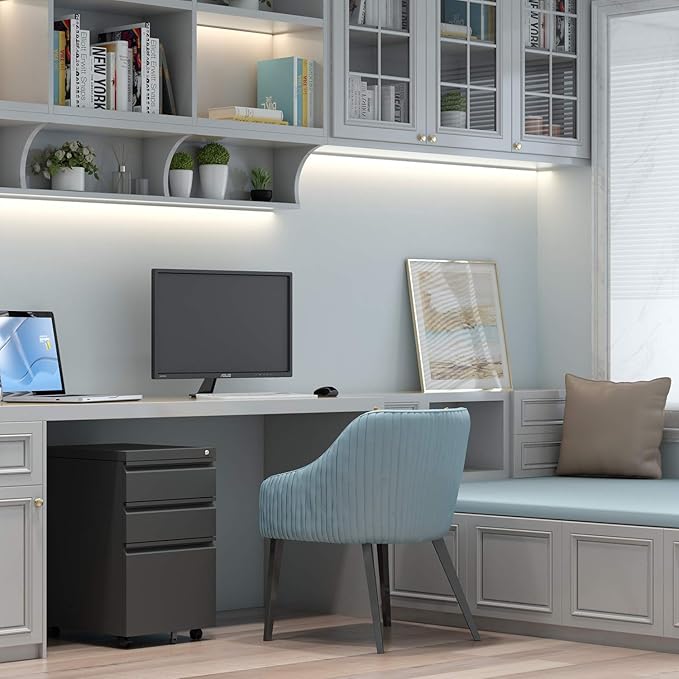 Aobabo 3 Drawer File Cabinet with Lock,Metal Filing Cabinet with Wheels for Home Office & Business Enterprise, Legal/Letter Size, Fully Assembled Except Wheels, Black