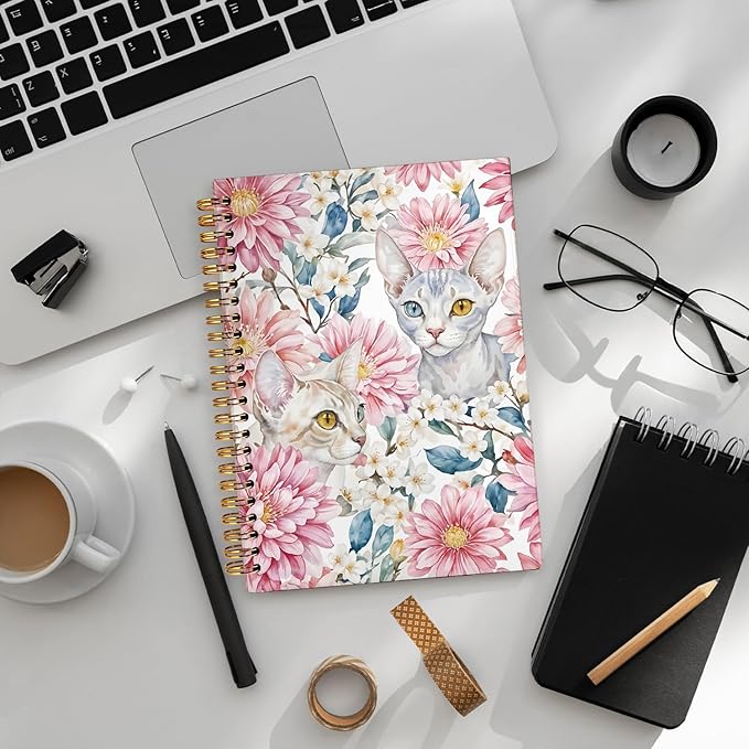 Sphynx Cat Notebook Journal, Cat Lover Gifts for Women Men, funny Black Cat Gifts for Girls, Pink Floral Cat Peel Spiral Notebook, Cat Notepad 5.5x8.3 Inch
