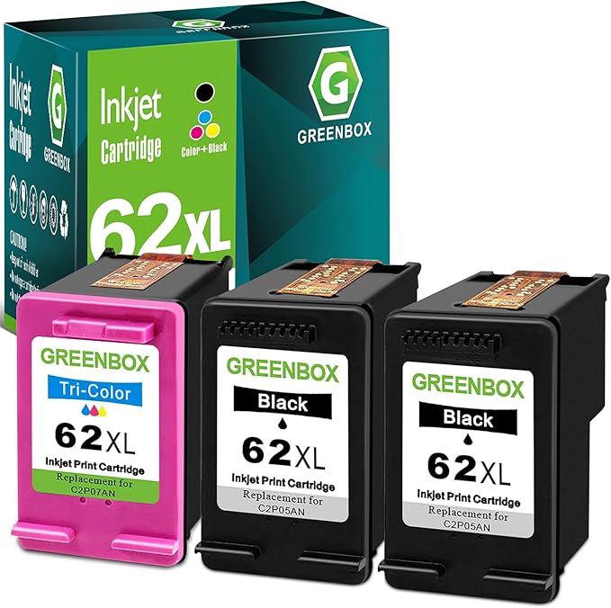 GREENBOX 62XL Ink Cartridge Black/Tri-Color Replacement for HP 62XL Ink Cartridge 62 XL for Envy 7640 5660 5540 5640 7645 5549 Officejet 5740 5741 8040 OfficeJet 200 250 Mobile Printer Ink, 3 Pack