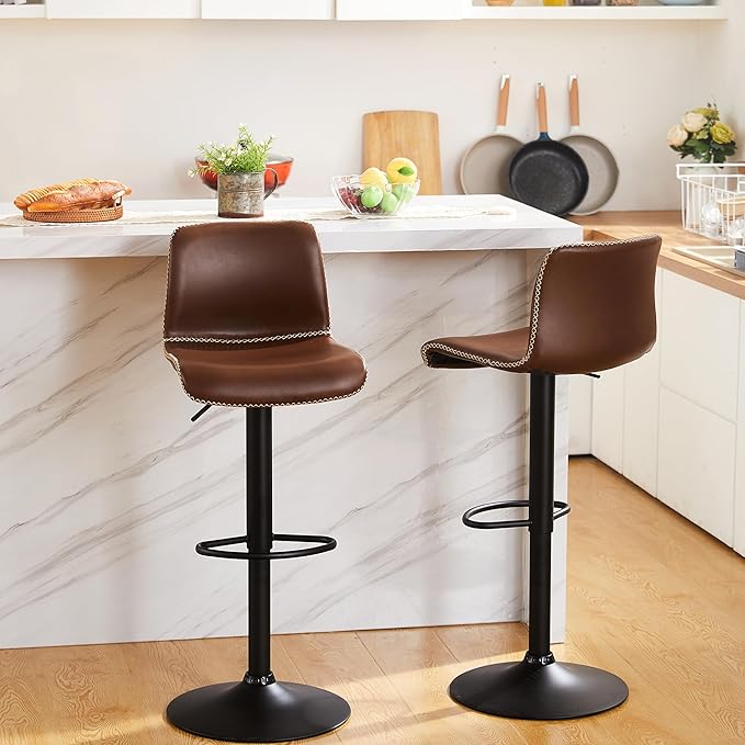 HeuGah Bar Stools Set of 3, Swivel Counter Height Barstools with Back, Adjustable Height 24" to 32", Brown Faux Leather Bar Chairs for Kitchen Island (Brown, Set of 3 (24'' to 32''))