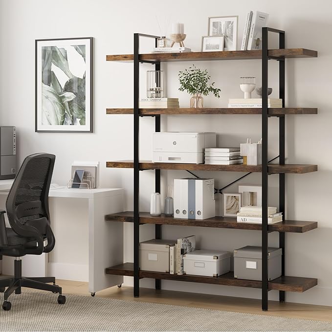 Heavy Duty 5-Tier Industrial Bookcase, 47" Wide Wood Bookshelf for Home Office, 120lbs Shelf Capacity, Rustic Open Shelving Display with Reinforced Horizontal Shelf for Living Room Bedroom