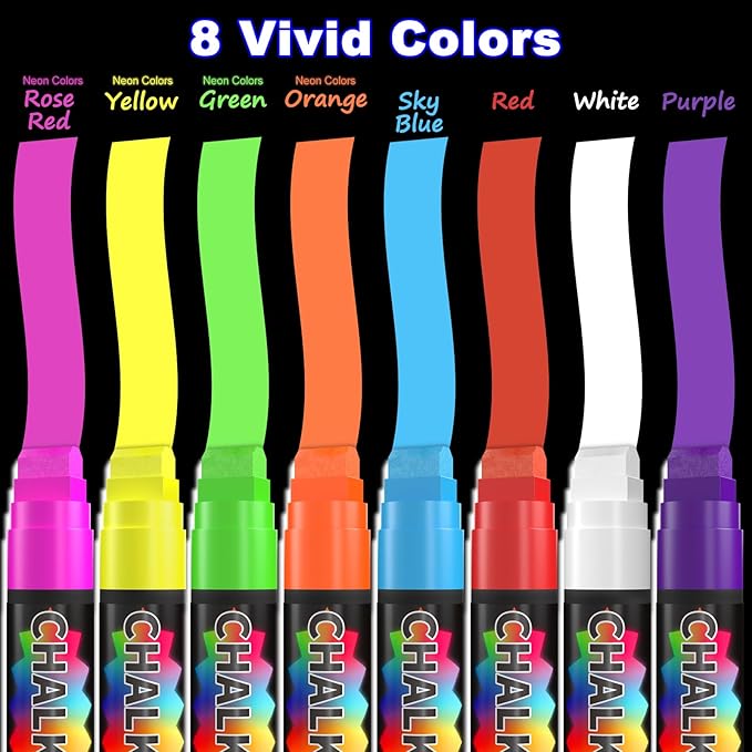 FansArriche Liquid Chalk Markers, 15mm Jumbo Car Window Markers, 8 Pack Erasable Neon Chalk Pens for Chalkboard, Blackboard, Glass, Signs, 3-in-1 Nib