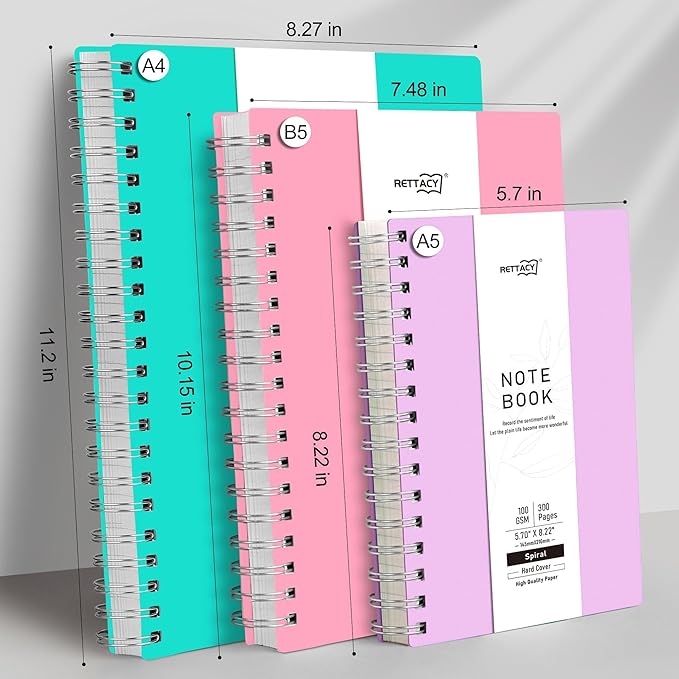 RETTACY Spiral College Ruled Notebook, 300 Pages, A5 Medium Size (5.7" x 8.2"), for School, Work, Writing, Journaling, 100 GSM Thick Paper, Flexible Plastic Cover (Lilac)