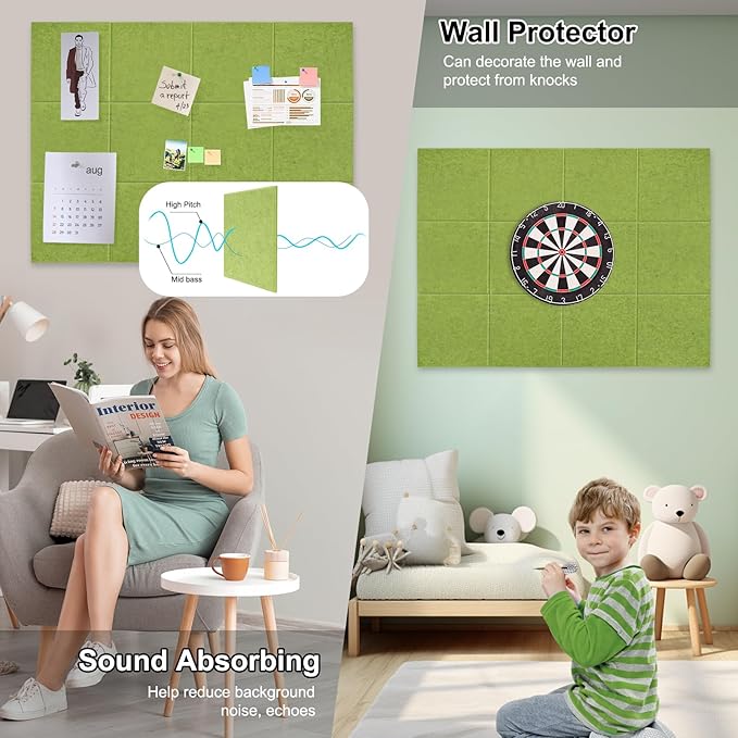 Large Cork Board for Office Wall Decor,48"x36"-12 Pack Felt Wall Tiles with Safe Removable Adhesive Tabs, 1/2" Thick, Felt Bulletin Board Pin Board Cork Boards for Walls - Matcha Green