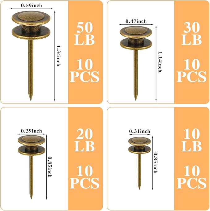 Ferraycle 40 Piece Double Headed Picture Hangers Nails 4 Size Long Thumb Tacks for Wall Hanging Decorative Nails Push Pins Picture Hooks for Drywall Photo Decor, 10/20/ 30/ 50lb(Bronze)