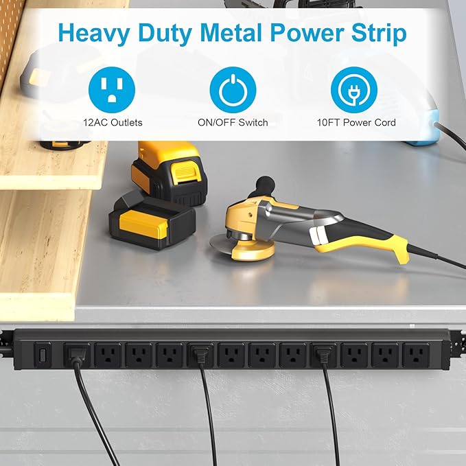 HHSOET 360° Rotating 12 Outlet Mountable Power Strip, Metal Gaming Table Mounted Outlet Strip, Heavy Duty Wall Mount Surge Protector with Switch, Works Great and Very Versatile, 10ft Power Cord.Black