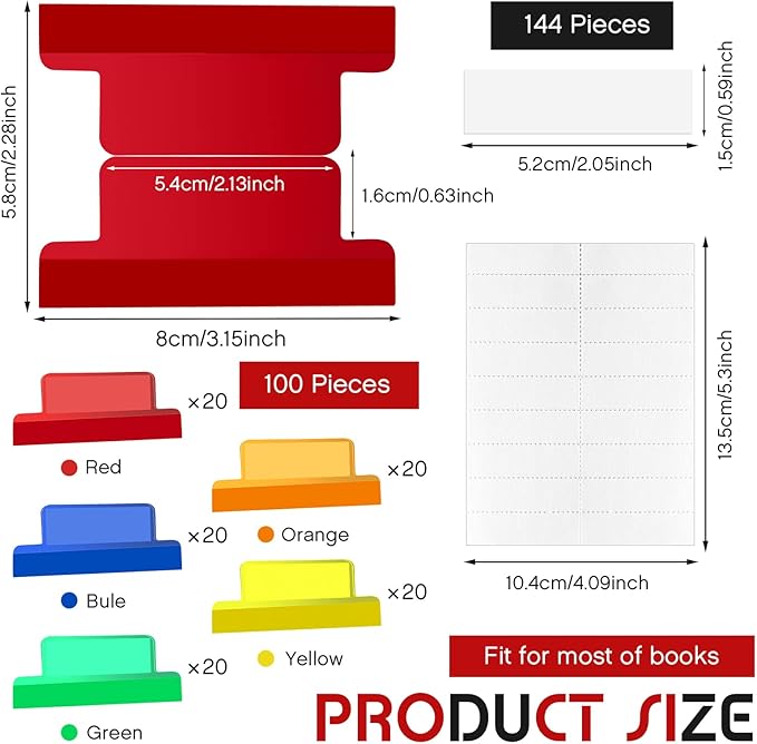 Gueevin 2 Inch Insertable Self Adhesive Tabs with Printable Inserts Clear Index Tabs Self Adhesive Colored Page Marker Repositionable Tag for Bible Divider Notebook File Folder Book Binder(100 Pieces)