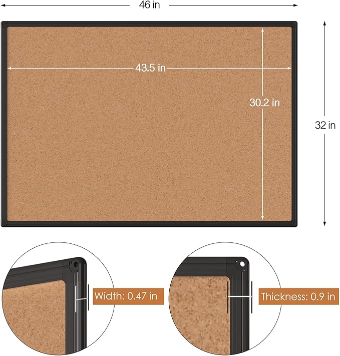 Board2by Cork Board Bulletin Board 48" x 36", Black Aluminium Framed 4x3 Corkboard, Office Board for Wall Cork, Large Wall Mounted Notice Pin Board with 18 Push Pins for School, Home & Office