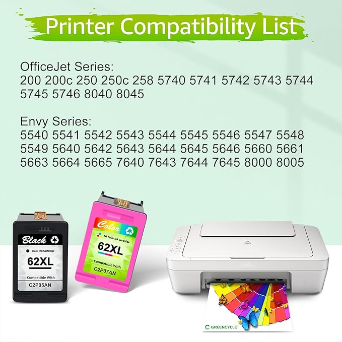 greencycle 62XL Remanufactured Ink Cartridges Combo Pack Replacement for HP 62 XL C2P05AN C2P07AN Compatible for Envy 5540 5660 7640 7645 Officejet 200 2250 5740 8040 (1 Black 1 Color)