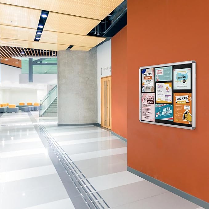 Enclosed Bulletin Board Lockable Display Case Message Board with Locking Door for Indoor, Black Felt, Silver Aluminum Frame, 28x26 inch (6xA4)